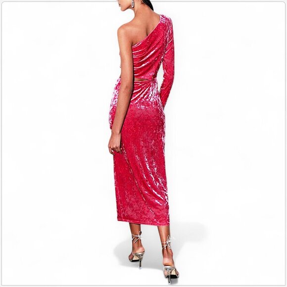 Saylor Niamh Pink Stretch Velvet Asymmetrical Side Cut Out Midi Dress NWT New XS - Picture 4 of 9